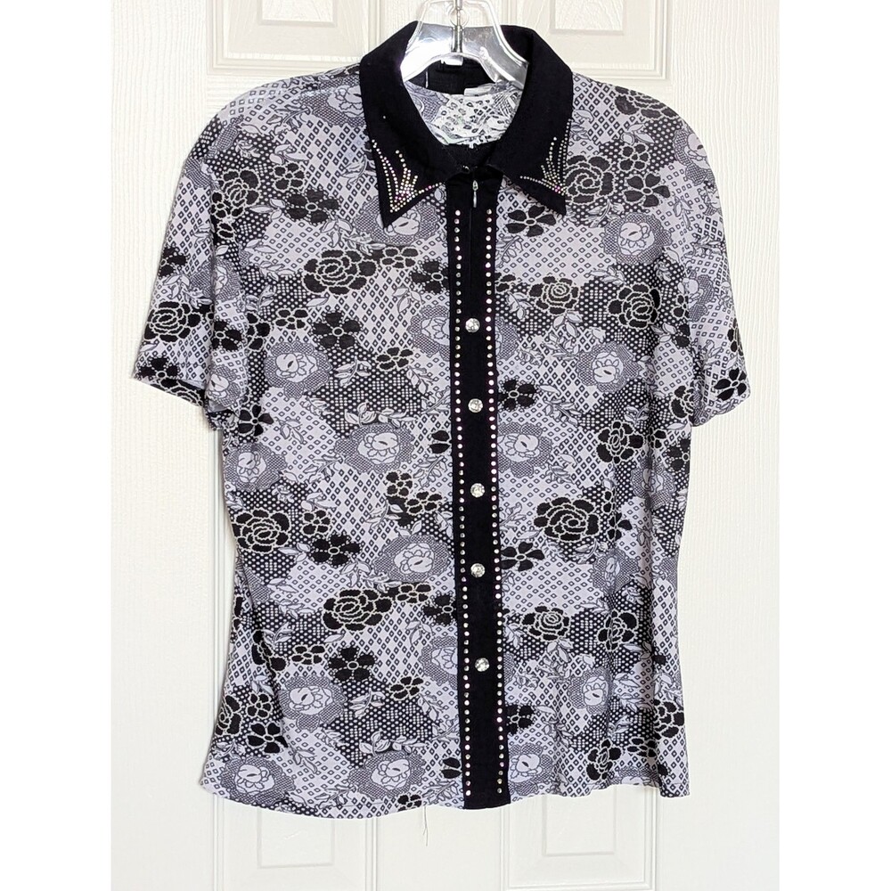 Women's Floral Short-Sleeve Collar Tee/Top w/Rhinestones & Front 1/4 Zipper